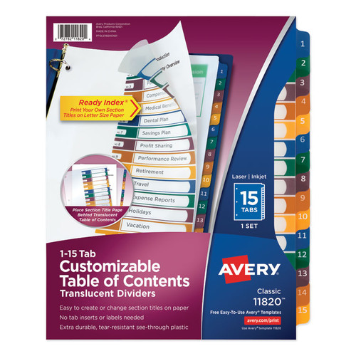 Customizable Table of Contents Ready Index Dividers with Multicolor Tabs, 15-Tab, 1 to 15, 11 x 8.5, Translucent, 1 Set [SKU: AVE11820]