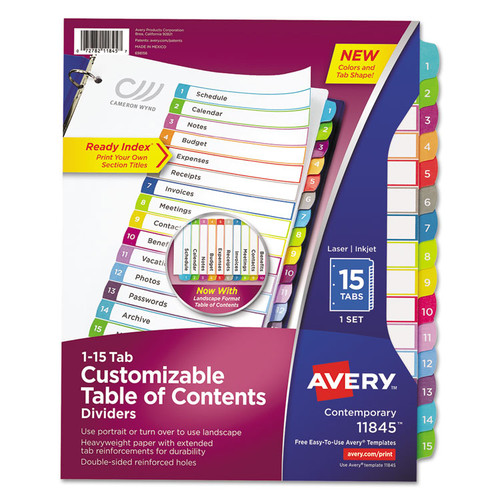 Customizable TOC Ready Index Multicolor Tab Dividers, 15-Tab, 1 to 15, 11 x 8.5, White, Contemporary Color Tabs, 1 Set [SKU: AVE11845]