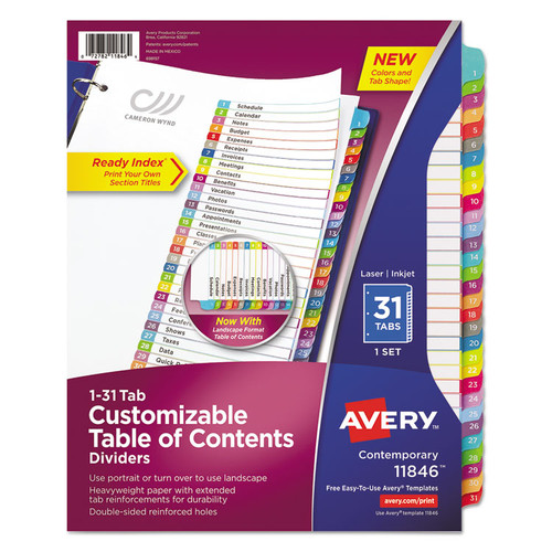 Customizable TOC Ready Index Multicolor Tab Dividers, 31-Tab, 1 to 31, 11 x 8.5, White, Contemporary Color Tabs, 1 Set [SKU: AVE11846]