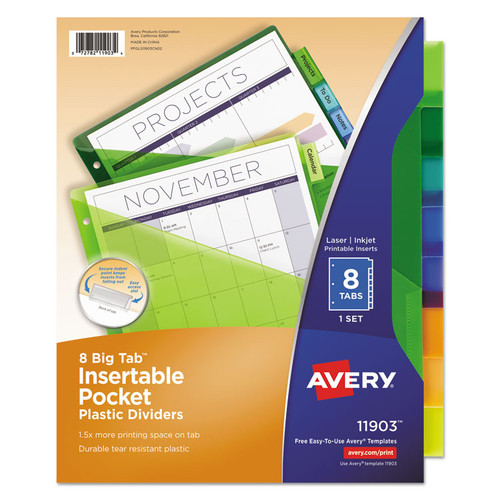 Insertable Big Tab Plastic 1-Pocket Dividers, 8-Tab, 11.13 x 9.25, Assorted, 1 Set [SKU: AVE11903]