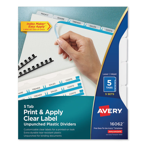 Print and Apply Index Maker Clear Label Unpunched Dividers with Printable Label Strip, 5-Tab, 11 x 8.5, Clear, 5 Sets [SKU: AVE16062]
