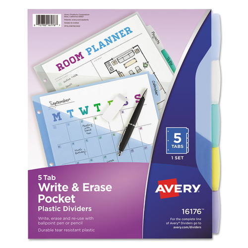 Write and Erase Durable Plastic Dividers with Slash Pocket, 3-Hold Punched, 5-Tab, 11.13 x 9.25, Assorted, 1 Set [SKU: AVE16176]