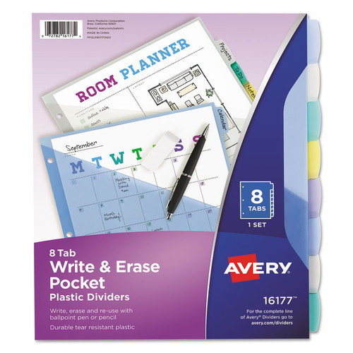 Write and Erase Durable Plastic Dividers with Slash Pocket, 3-Hold Punched, 8-Tab, 11.13 x 9.25, Assorted, 1 Set [SKU: AVE16177]