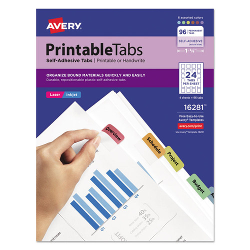 Printable Plastic Tabs with Repositionable Adhesive, 1/5-Cut, Assorted Colors, 1.25" Wide, 96/Pack [SKU: AVE16281]