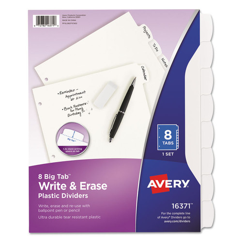Write and Erase Big Tab Durable Plastic Dividers, 3-Hole Punched, 8-Tab, 11 x 8.5, White, 1 Set [SKU: AVE16371]
