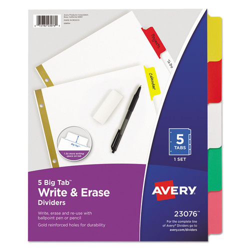 Write and Erase Big Tab Paper Dividers, 5-Tab, 11 x 8.5, White, Assorted Tabs, 1 Set [SKU: AVE23076]