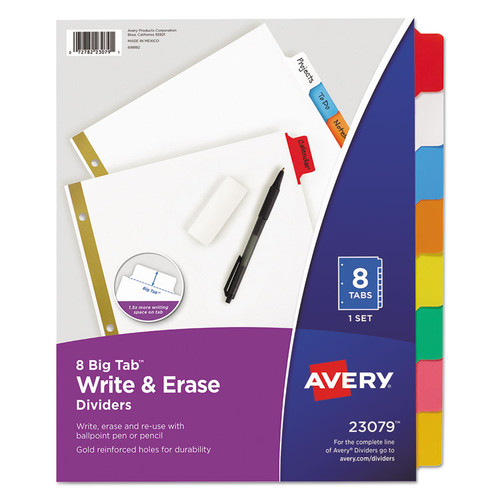 Write and Erase Big Tab Paper Dividers, 8-Tab, 11 x 8.5, White, Assorted Tabs,1 Set [SKU: AVE23079]