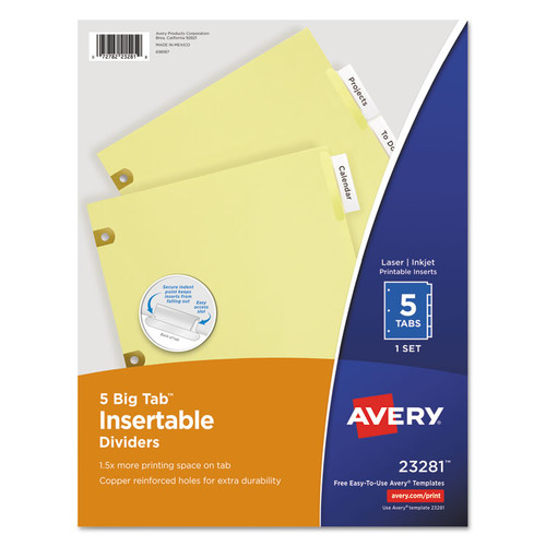 Insertable Big Tab Dividers, 5-Tab, Single-Sided Copper Edge Reinforcing, 11 x 8.5, Buff, Clear Tabs, 1 Set [SKU: AVE23281]