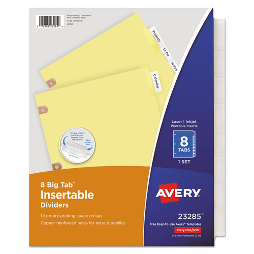 Insertable Big Tab Dividers, 8-Tab, Double-Sided Gold Edge Reinforcing, 11 x 8.5, Buff, Clear Tabs, 1 Set [SKU: AVE23285]