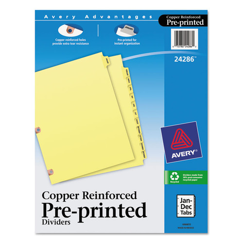 Preprinted Laminated Tab Dividers with Copper Reinforced Holes, 12-Tab, Jan. to Dec., 11 x 8.5, Buff, 1 Set [SKU: AVE24286]