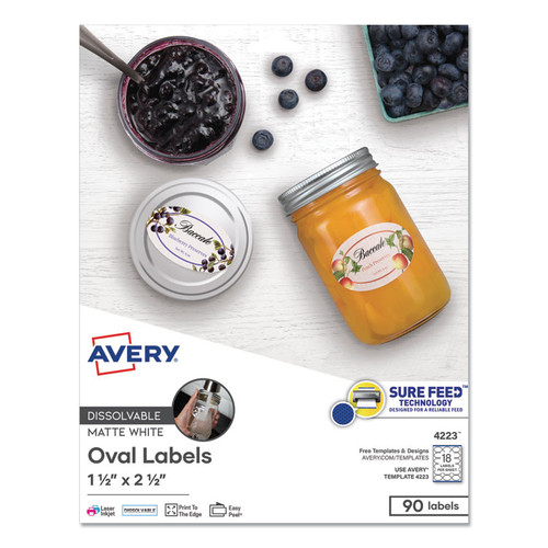White Dissolvable Labels w/ Sure Feed, 1.5 x 2.5, Oval, White, 90/PK [SKU: AVE4223]