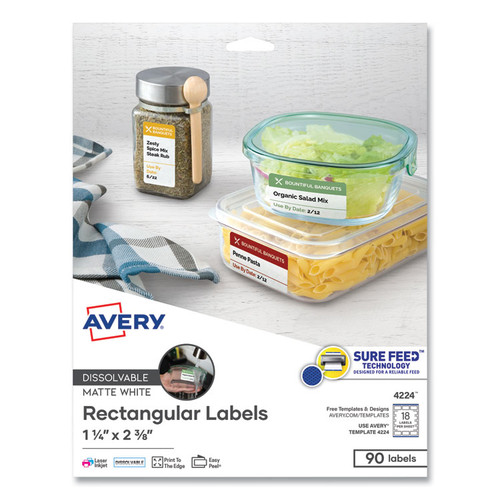 White Dissolvable Labels w/ Sure Feed, 1.25 x 2.38, White, 90/PK [SKU: AVE4224]