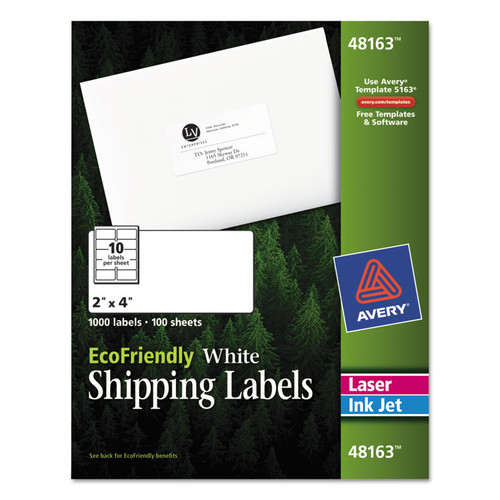 EcoFriendly Mailing Labels, Inkjet/Laser Printers, 2 x 4, White, 10/Sheet, 100 Sheets/Pack [SKU: AVE48163]