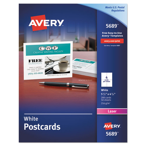 Postcards for Laser Printers, 4 1/4 x 5 1/2, Uncoated White, 4/Sheet, 200/Box [SKU: AVE5689]