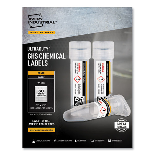 UltraDuty GHS Chemical Waterproof and UV Resistant Labels, 0.5 x 1.75, White, 60/Sheet, 25 Sheets/Pack [SKU: AVE60518]