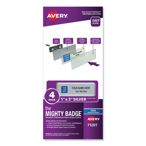 The Mighty Badge Name Badge Holder Kit, Horizontal, 3 x 1, Inkjet, Silver, 4 Holders/32 Inserts [SKU: AVE71201]