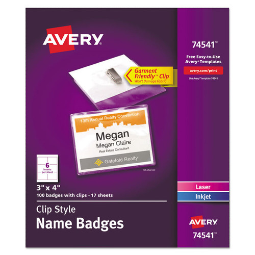 Clip-Style Name Badge Holder with Laser/Inkjet Insert, Top Load, 4 x 3, White, 100/Box [SKU: AVE74541]