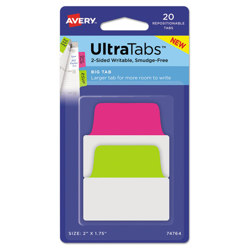 Ultra Tabs Repositionable Tabs, Big Tabs: 2" x 1.75", 1/5-Cut, Assorted Neon Colors, 20/Pack [SKU: AVE74764]