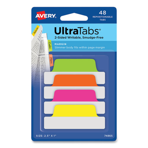 Ultra Tabs Repositionable Tabs, Margin Tabs: 2.5" x 1", 1/5-Cut, Assorted Neon Colors, 48/Pack [SKU: AVE74865]