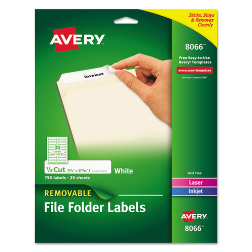 Removable File Folder Labels with Sure Feed Technology, 0.66 x 3.44, White, 30/Sheet, 25 Sheets/Pack [SKU: AVE8066]