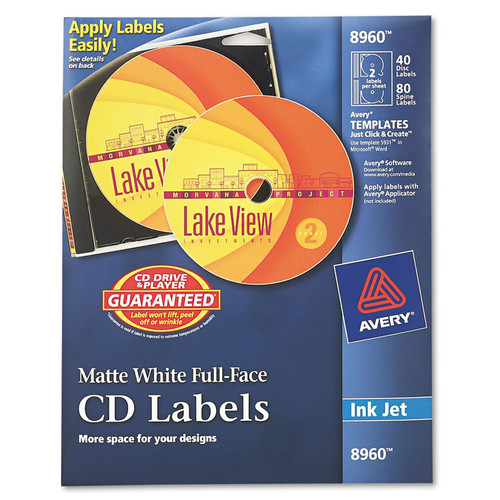 Inkjet Full-Face CD Labels, Matte White, 40/Pack [SKU: AVE8960]