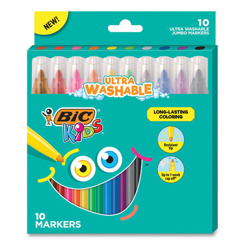 Kids Ultra Washable Jumbo Markers, Medium Bullet Tip, Assorted Colors, 10/Pack [SKU: BICBKCMJ10AST]