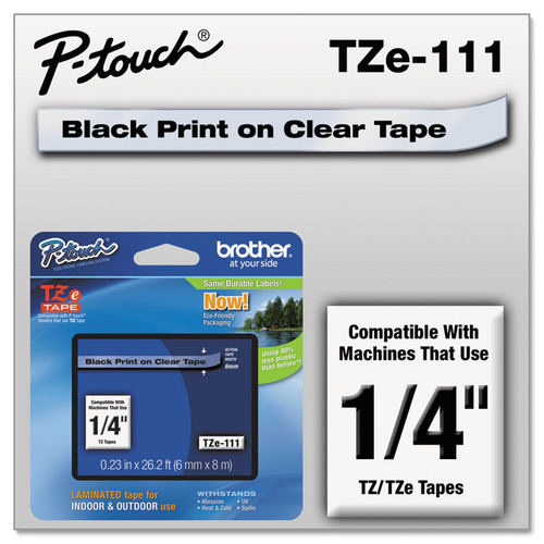 TZe Standard Adhesive Laminated Labeling Tape, 0.23" x 26.2 ft, Black on Clear [SKU: BRTTZE111]