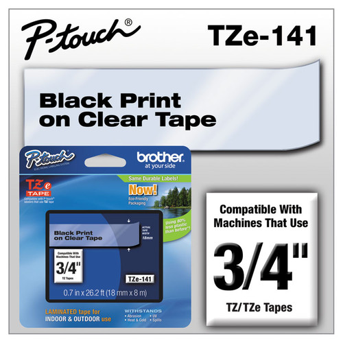 TZe Standard Adhesive Laminated Labeling Tape, 0.7" x 26.2 ft, Black on Clear [SKU: BRTTZE141]