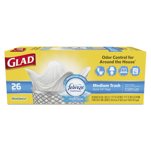 OdorShield Medium Quick-Tie Trash Bags, 8 gal, 0.57 mil, 21.63" x 23", White, 26/Box [SKU: CLO78815BX]