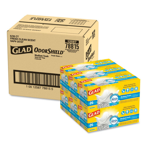 OdorShield Medium Quick-Tie Trash Bags, 8 gal, 0.57 mil, 21.63" x 23", White, 26 Bags/Box, 6 Boxes/Carton [SKU: CLO78815CT]