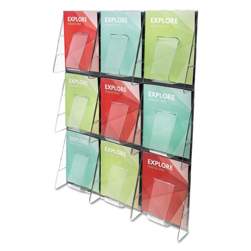 Stand-Tall 9-Bin Wall-Mount Literature Rack, Mag, 27.5w x 3.38d x 35.63h, Clear/Black [SKU: DEF56801]