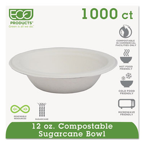 Renewable and Compostable Sugarcane Bowls, 12 oz, Natural White, 50/Pack, 20 Packs/Carton [SKU: ECOEPBL12]