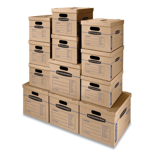 SmoothMove Classic Moving/Storage Box Kit, Half Slotted Container (HSC), Assorted Sizes: (8) Small, (4) Med, Brown/Blue,12/CT [SKU: FEL7716401]