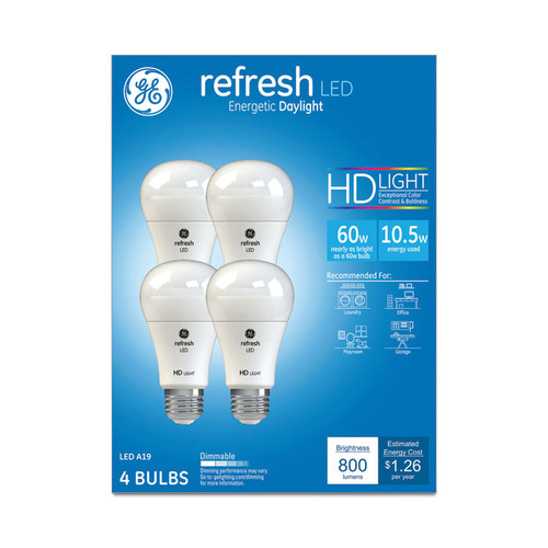 Refresh LED Bulb, A19 Bulb, 10.5 W, Daylight, 4/Pack [SKU: GEL42978]