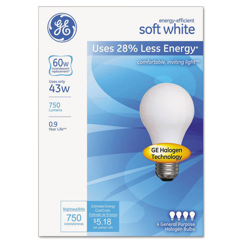 Dimmable Halogen A-Line Bulb, A19, 43 W, Soft White, 4/Pack [SKU: GEL66247]