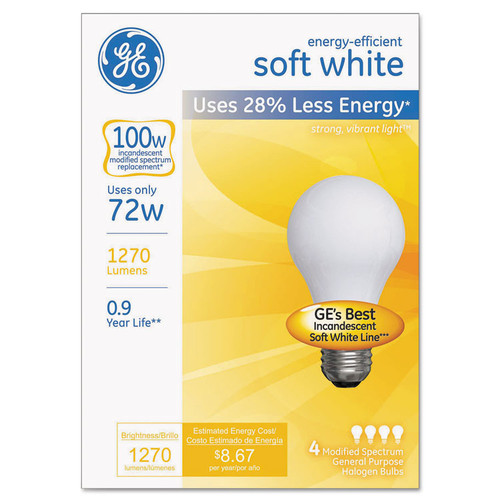 Halogen Bulb, A19, 72 W, Soft White, 4/Pack [SKU: GEL66249]