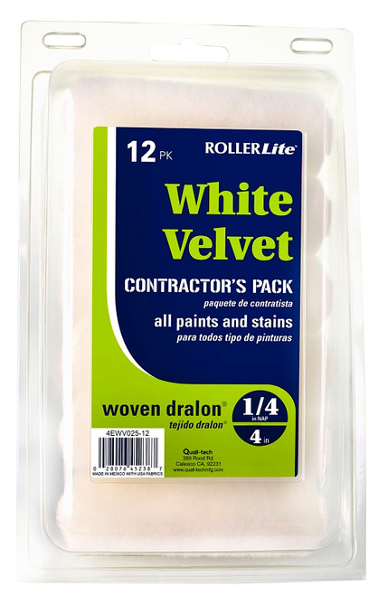 RollerLite White Velvet 4EWV025-12 Mini Roller Cover, 1/4 in Thick Nap, 4 in L, Dralon Fabric Cover, White [SKU: ORG4340683]