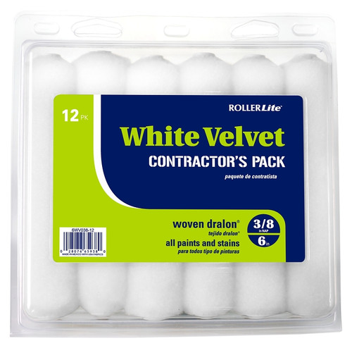 RollerLite White Velvet 6WV038-12 Mini Roller Cover, 3/8 in Thick Nap, 6 in L, Dralon Cover, White [SKU: ORG4340295]