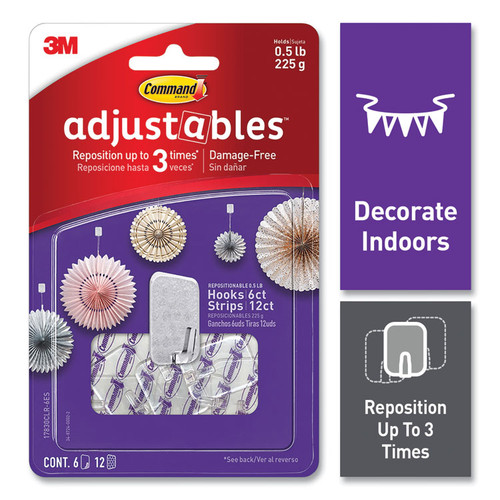 Adjustables Repositionable Mini Hooks, Plastic, White, 0.5 lb Capacity, 6 Hooks and 12 Strips [SKU: MMM17830CLR6ES]