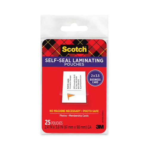 Self-Sealing Laminating Pouches, 9.5 mil, 3.88" x 2.44", Gloss Clear, 25/Pack [SKU: MMMLS851G]