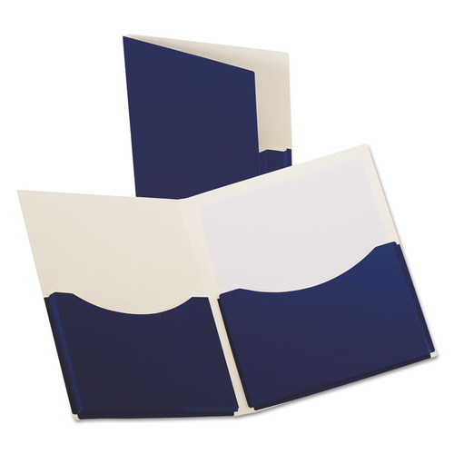 Double Stuff Gusseted 2-Pocket Laminated Paper Folder, 200-Sheet Capacity, 11 x 8.5, Navy, 20/Box [SKU: OXF54443]