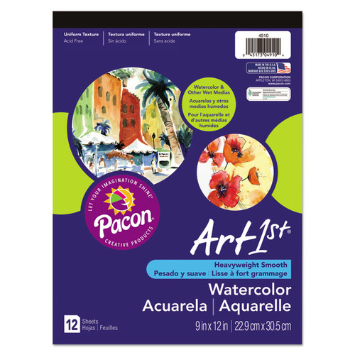 Artist Watercolor Paper Pad, Unruled, Yellow Cover, 12 White 9 x 12 Sheets [SKU: PAC4910]