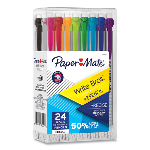 Write Bros Mechanical Pencil, 0.5 mm, HB (#2), Black Lead, Silver Barrel with Assorted Clip Colors, 24/Pack [SKU: PAP2096303]