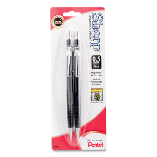 Sharp Mechanical Pencil, 0.5 mm, HB (#2.5), Black Lead, Black Barrel, 2/Pack [SKU: PENP205BP2K6]