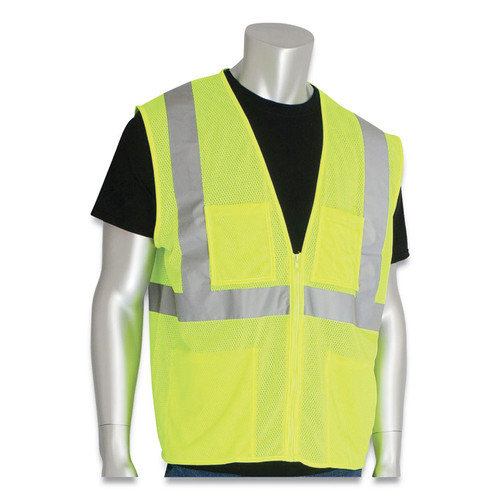 ANSI Class 2 Four Pocket Zipper Safety Vest, Polyester Mesh, 4X-Large, Hi-Viz Lime Yellow [SKU: PIDMVGZ4PLY4X]