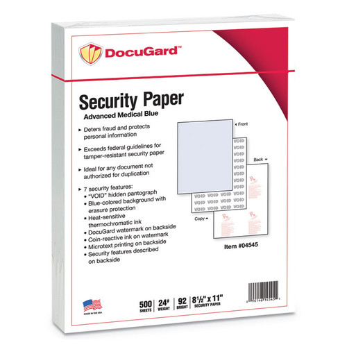 Medical Security Papers, 24 lb Bond Weight, 8.5 x 11, Blue, 500/Ream [SKU: PRB04545]