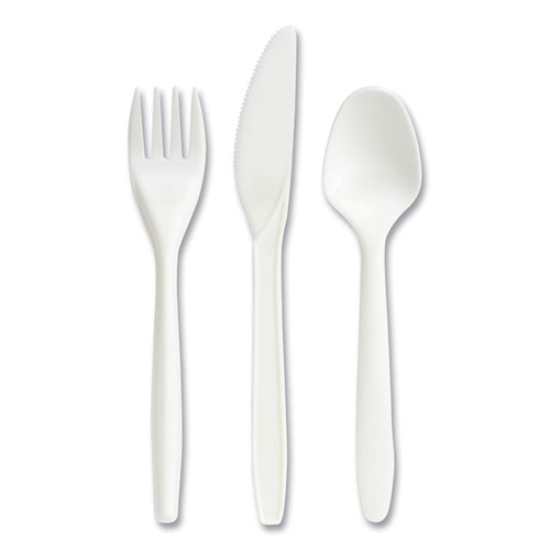 Eco-ID Mediumweight Compostable Cutlery, Fork/Knife/Teaspoon, White, 120 Sets/Pack [SKU: PRK24394124]