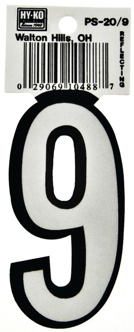 HY-KO PS-20/9 Reflective Sign, Character: 9, 3-1/4 in H Character, Black/White Character, Vinyl [SKU: ORG6251045]