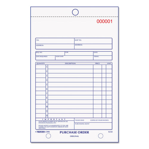 Purchase Order Book, 12 Lines, Three-Part Carbonless, 5.5 x 7.88, 50 Forms Total [SKU: RED1L141]