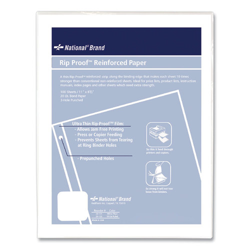 Rip Proof Reinforced Filler Paper, 3-Hole, 8.5 x 11, Unruled, 100/Pack [SKU: RED20121]